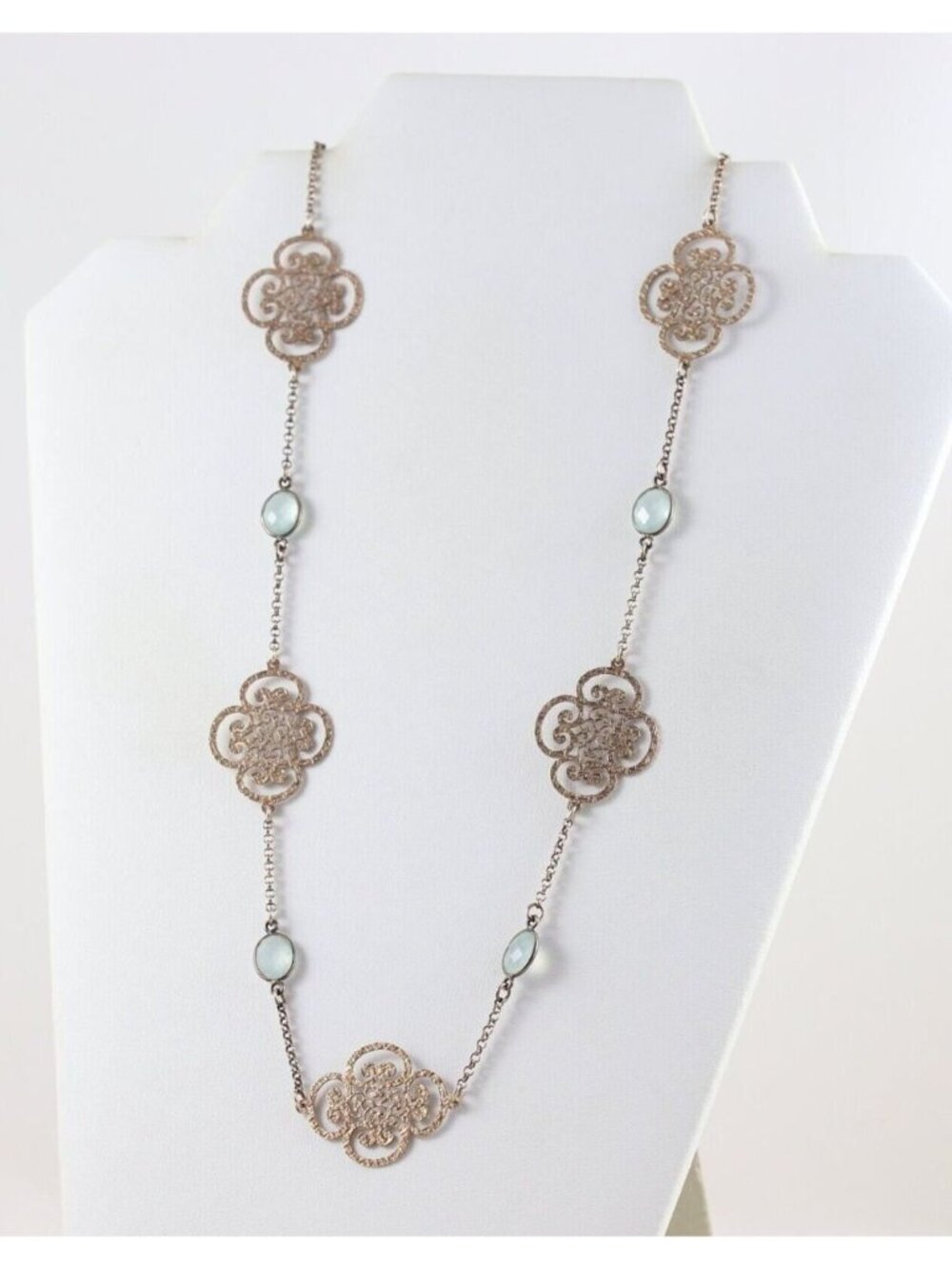 Gold over Sterling Silver Long Blue Green Glass Station Chain Necklace 32 inch